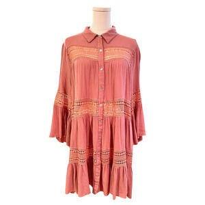 Cloth & Portrait Pink Boho Crochet Panels Mini Dress Flare Sleeves Large